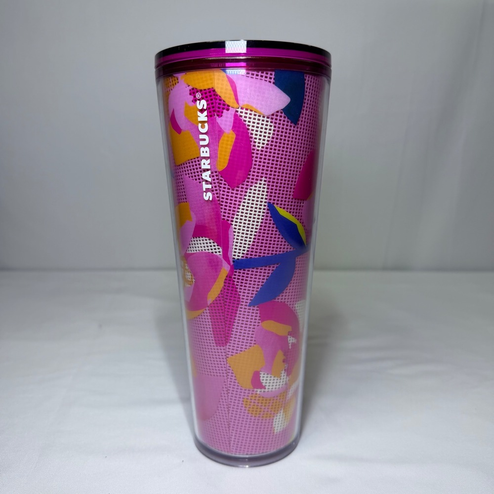 Starbucks Pink Floral Mesh Venti Cold Cup Tumbler 24oz Double Wall Travel Mug